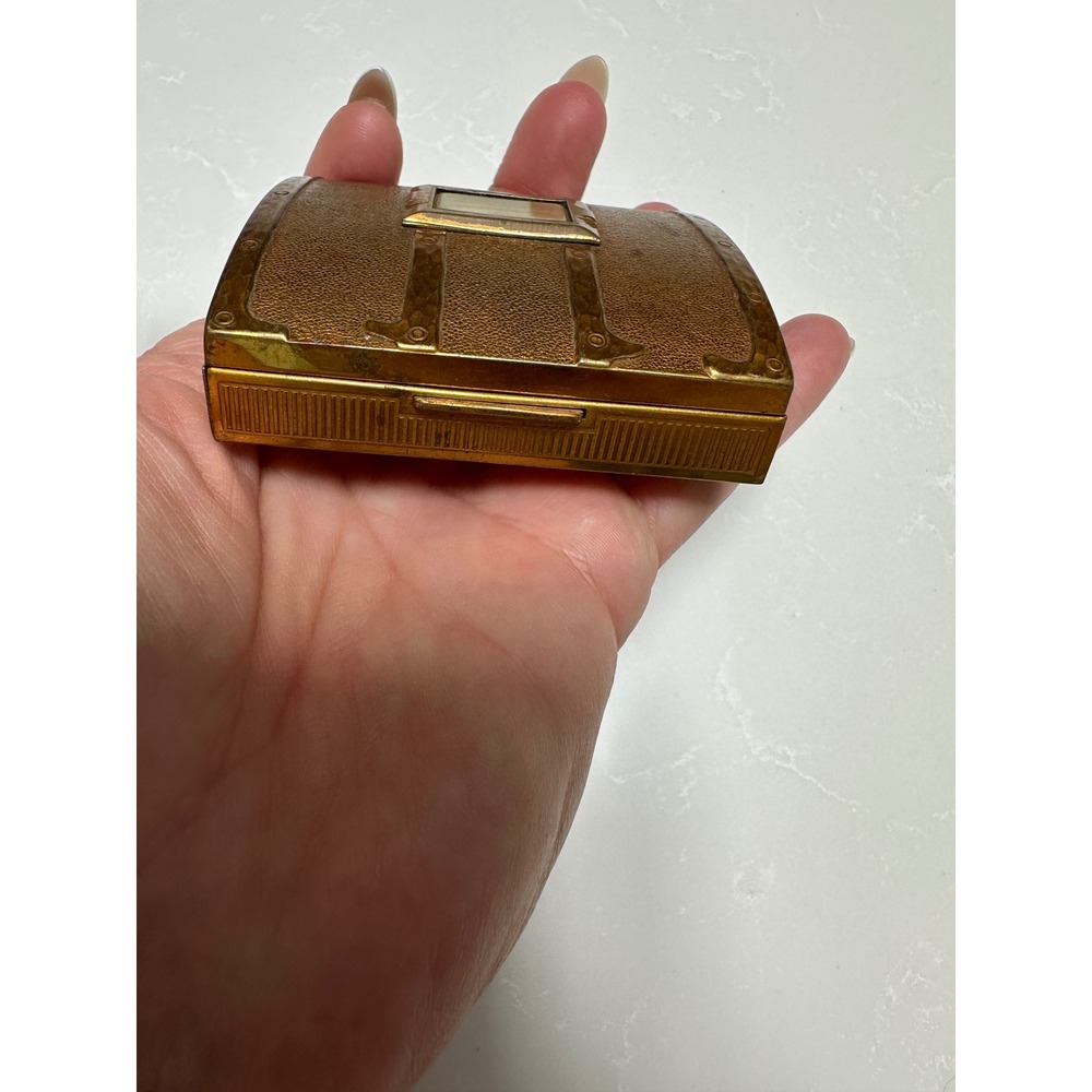 Vintage 1940s Evans Compact Steamer Trunk Clock Double Vanity Mirror Powder Box - Picture 4 of 7